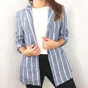 DREW Anthropologie Blue Stripe Linen Blazer Jacket One Button Long Sleev…